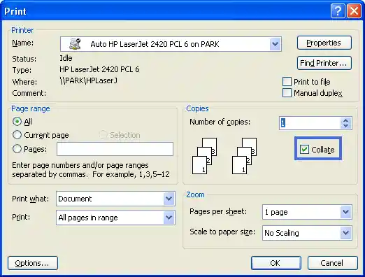 collate option in printing