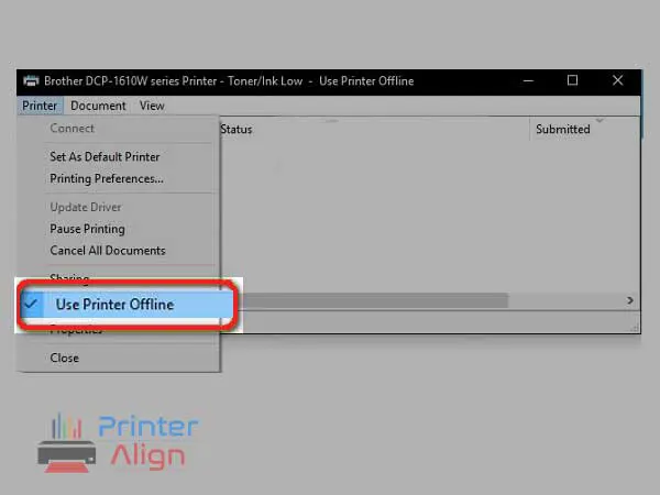 uncheck the option ‘Use Printer Offline’