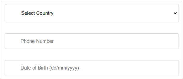 Select Country Phone Number and Date of Birth